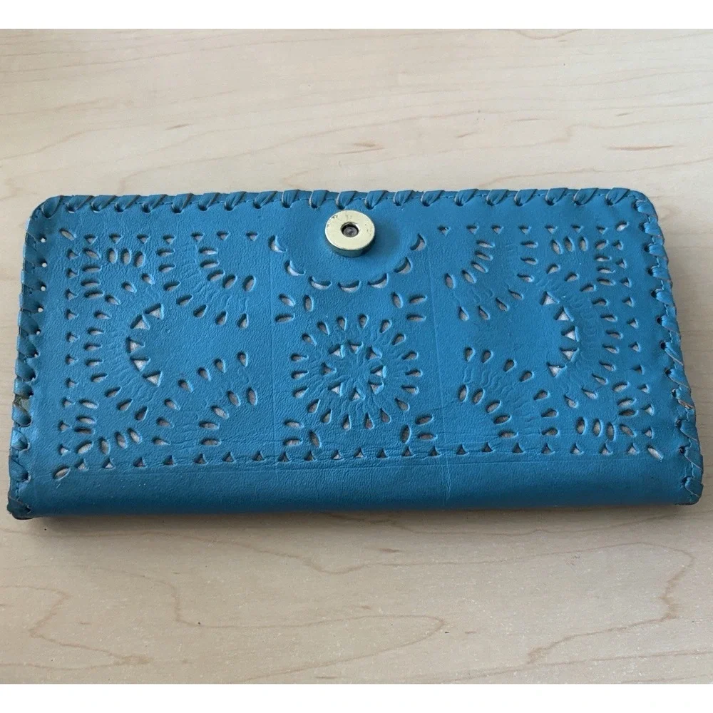 Anthropologie Cleobella Mexicana Leather Cut-Out Wallet Women OS Teal Blue Boho